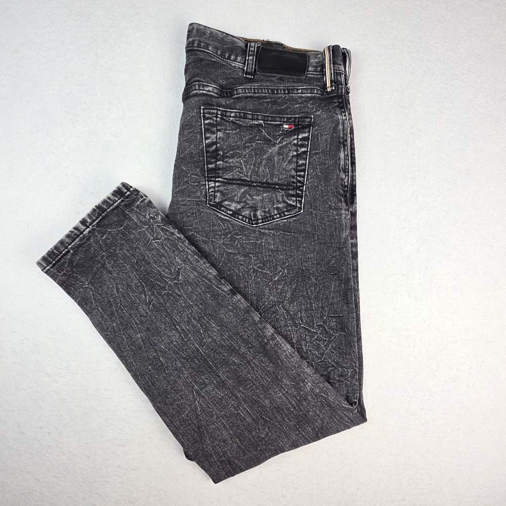 Tommy Hilfiger Denim Mens Jeans‎ 38x32 Slim Black Distressed Whiskered Wash